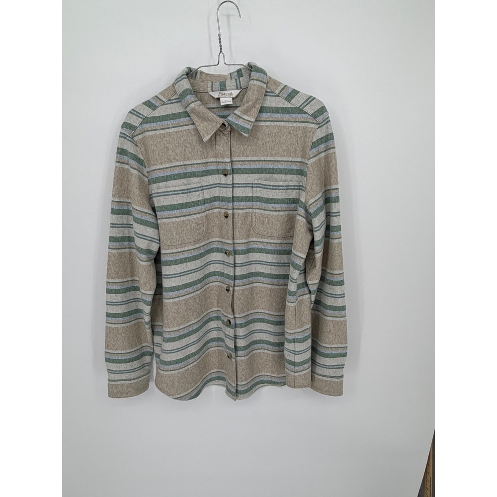 Natural Reflections Womens Button Up Shirt Striped Tan Green Blue Size L
